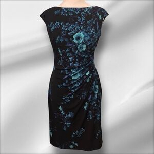 Chaps Navy Blue Floral Print Dress Cinched‎ Waist Sleeveless Size Small